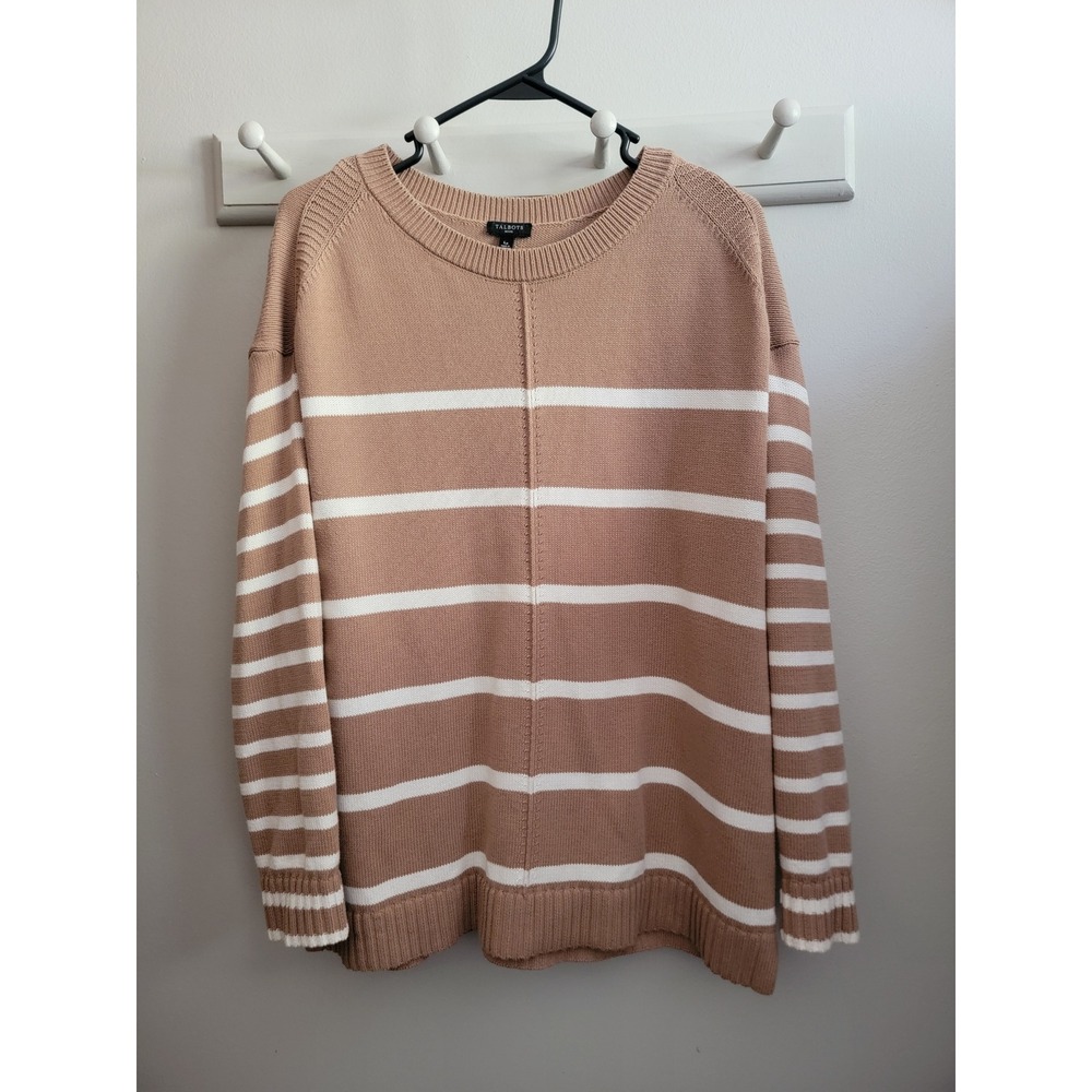 Talbots Petite Tan White Striped Cotton Crewneck Sweater Large P Classic Neutral